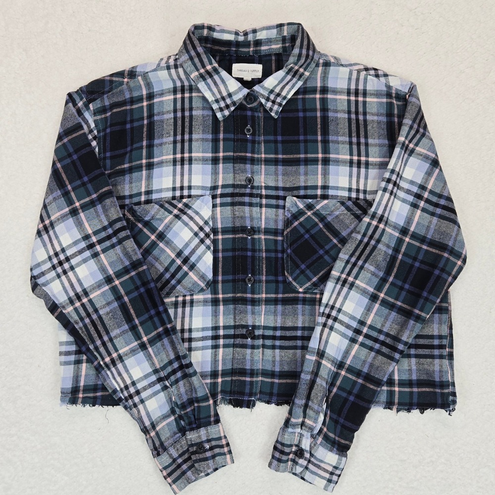 Organic Cotton Blend Cropped Flannel Women Shirt Green Plaid Raw Hem 90s Style S